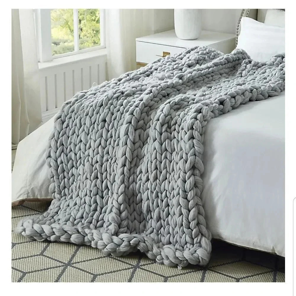 Cozy Tyme Gray Chunky Knit Throw Blanket